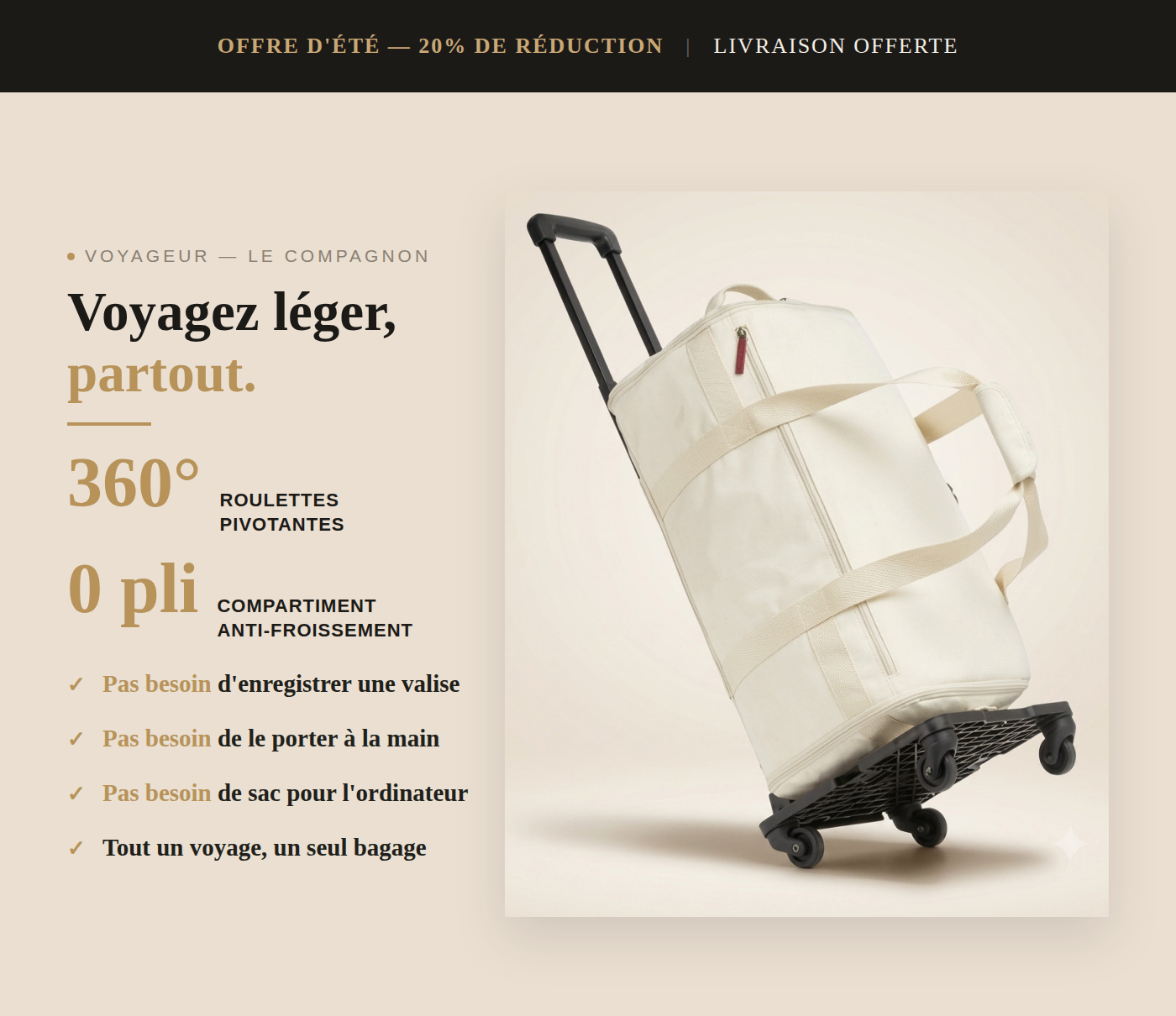 VOYAGEUR — Le Compagnon Beige, vue détaillée du sac de voyage